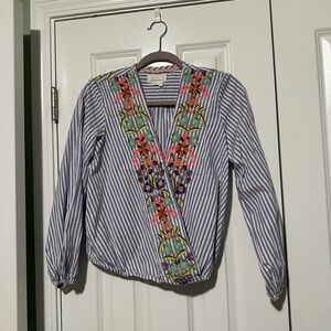 Anthropologie Artemis Embroidered Blouse in a blue and white stripe pattern XS